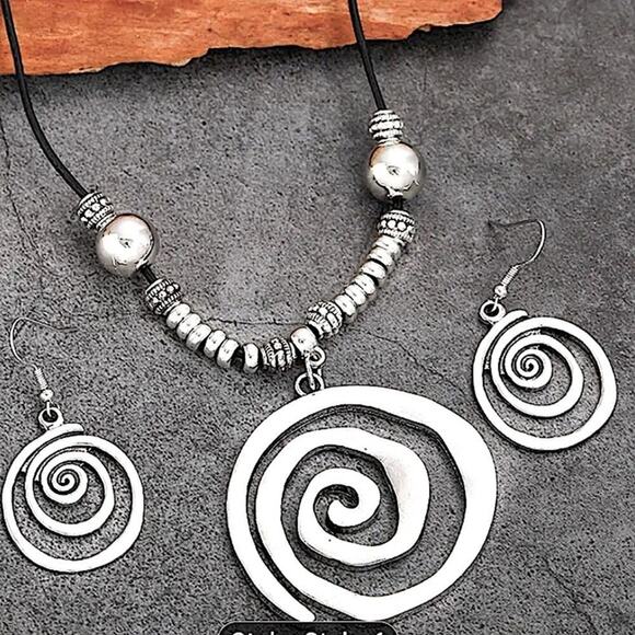 Boho Geometric Spiral Necklace Earrings Set - Picture 1 of 5